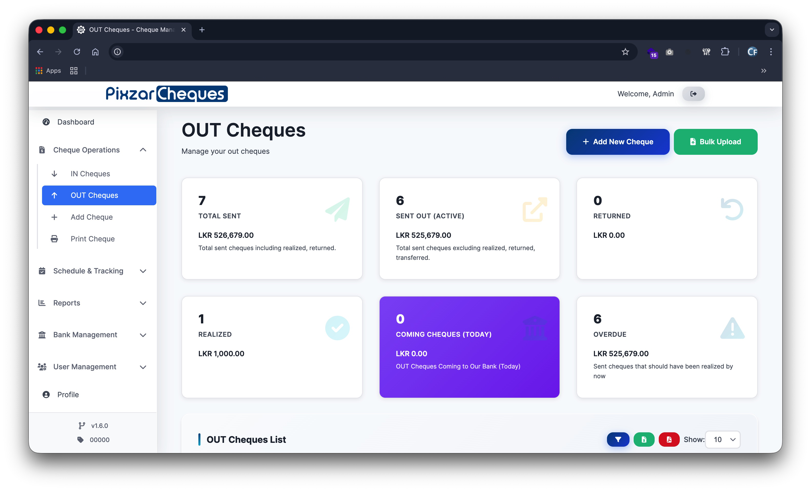 Cheque status tracking module screenshot