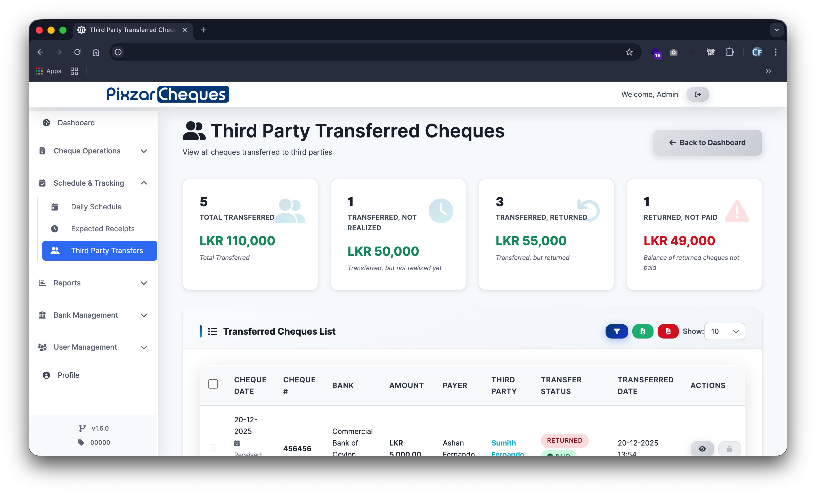 Bulk cheque transfer workflow screenshot